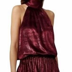 Ramy Brook Women Ellin Velvet Halter Neck Mini Dress Smocked Waist Red L